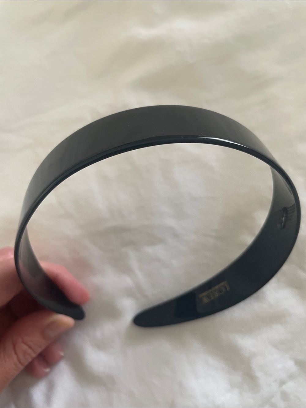 J. Crew Black Wide Glossy Headband with Gold Logo Handmade in France